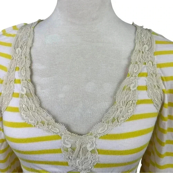 Free People yellow and white striped shirt with lace trim size small - Picture 3 of 10